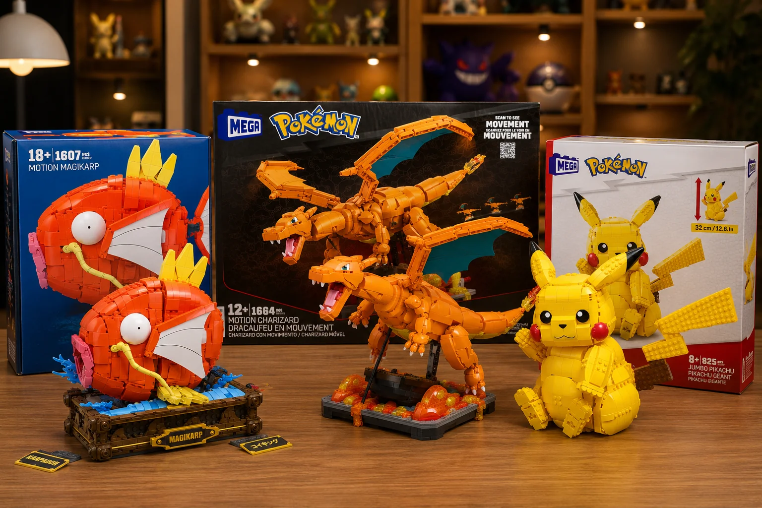 All three fully assembled MEGA Pokémon building sets displayed together on a shelf: Motion Magikarp, Motion Charizard, and Jumbo Pikachu, each shown beside its retail packaging with piece count and age recommendation
