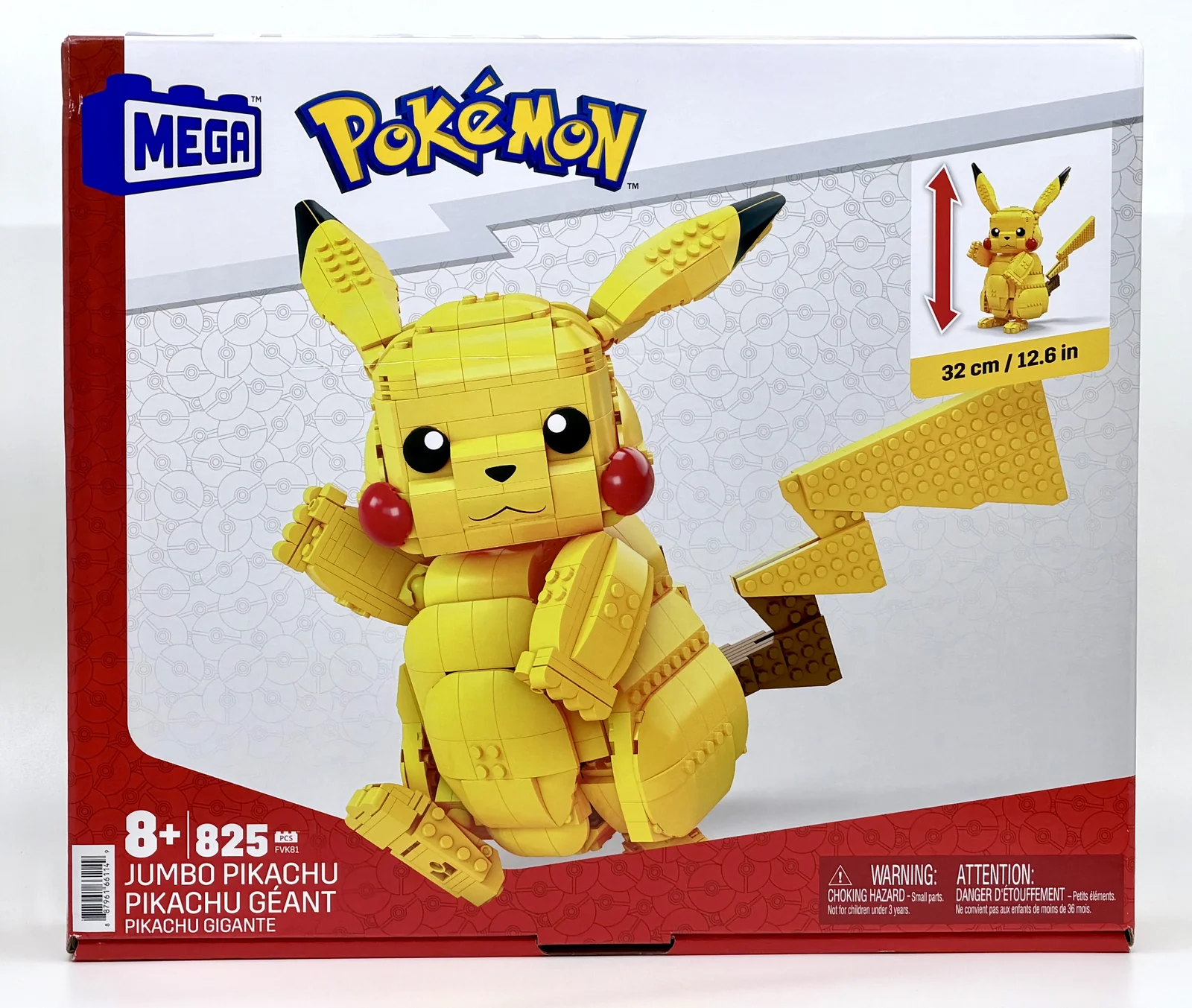 MEGA Pokémon Jumbo Pikachu brick-built display model packaging, showing the fully assembled poseable Pikachu figure, 825 pieces, recommended for ages 8 and up, approximately 12.6 inches tall