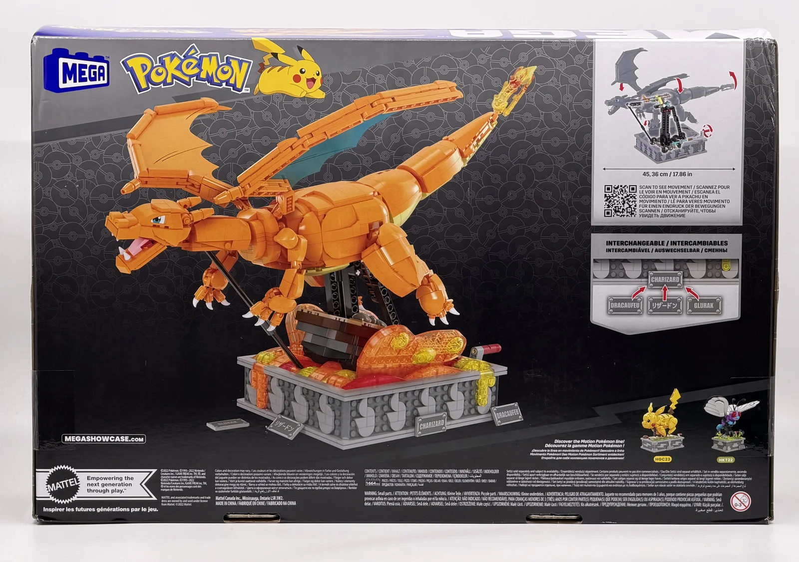 Back panel of the MEGA Pokémon Motion Charizard packaging, showing the display stand and motion mechanism